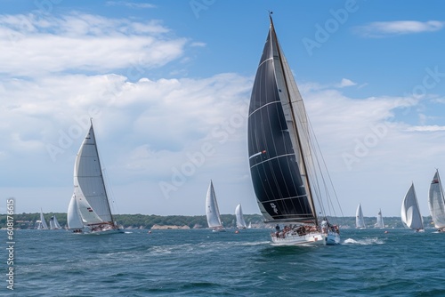 sailing race, with boats speeding across the water and crew members busy at work, created with generative ai