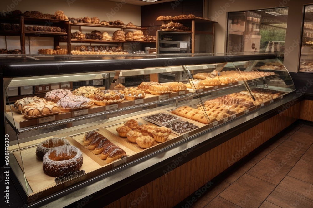 pastry shop, with counter display of flaky pastries and turnovers in a variety of flavors, created with generative ai