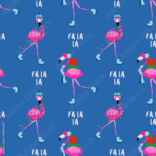 Cute Flamingo pattern for Christmas - Adorable flamingo, cactus, palm tree illustration. Hand drawn wallpaper. Good for textiles, nursery, wallpaper, clothes. Merry Christmas gift wrapping paper