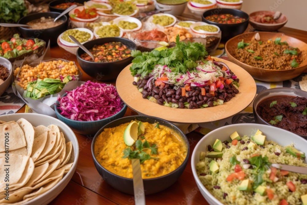 feast of plant-based and vegan cuisine with burritos, rice bowls, and tacos, created with generative ai