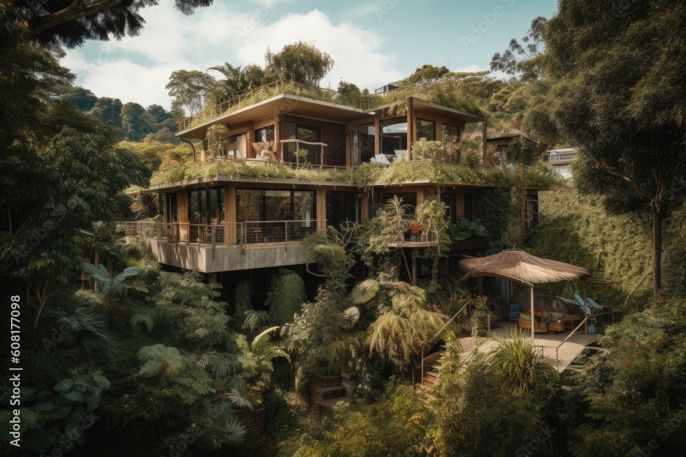 eco-friendly hotel, with outdoor seating and natural beauty, among trees and greenery, created with generative ai