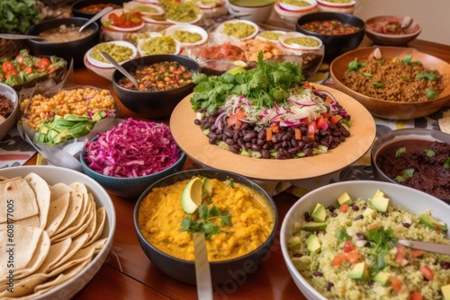 feast of plant-based and vegan cuisine with burritos, rice bowls, and tacos, created with generative ai