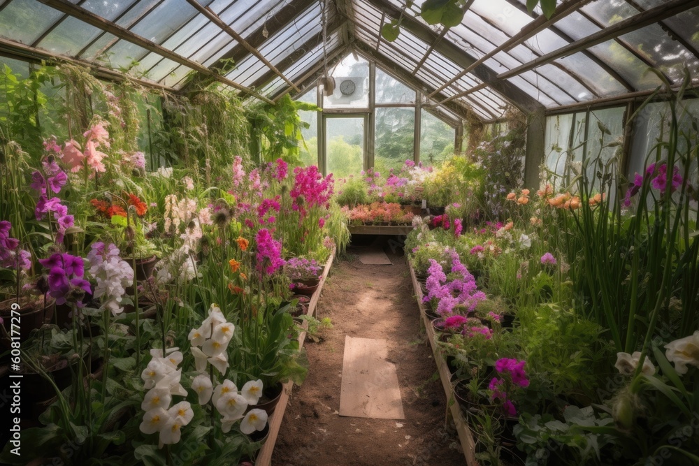 a greenhouse filled with blooming orchids, their delicate flowers and leaves in full view, created with generative ai