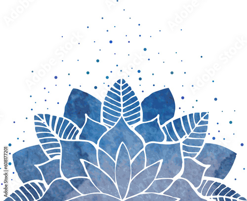 Decorative element - stylized blue flower and splatter or pollen, oriental floral mandala pattern for decorating background and designing cards, invitations