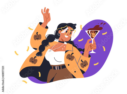 Drunk woman dancing with boozy drink in hand. Drunken addicted girl celebrating holiday at club party, holding cocktail. Alcohol abuse concept. Flat vector illustration isolated on white background