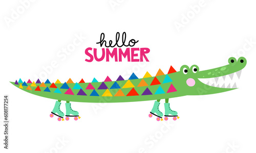 Hello Summer - funny hand drawn doodle, cartoon alligator with roller skate. Good for Poster or t-shirt textile graphic design. Vector hand drawn illustration.