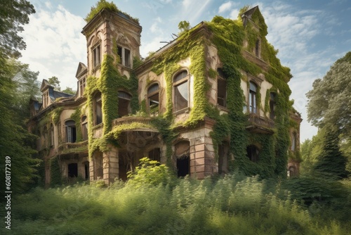 abandoned and decrepit castle or mansion, with vines growing over the walls, created with generative ai