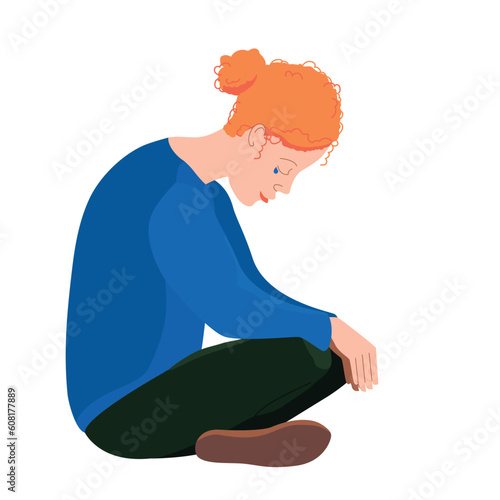 Crying young woman sitting. A depressed, unhappy girl in depression, sadness, despondency. A mental disorder or illness. Colorful vector illustration in flat cartoon style. The concept of loneliness.