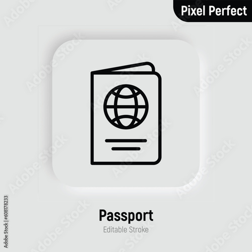 Passport with globe thin line icon. Pixel perfect, editable stroke. Modern vector illustration of identification document.