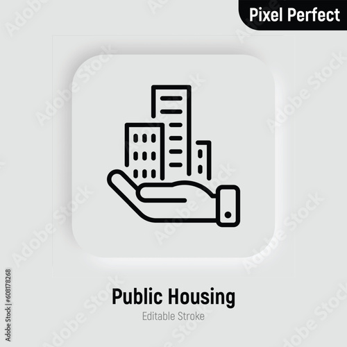 Public housing, affordable housing for immigrants. Building in hand thin line icon. Vector illustration.