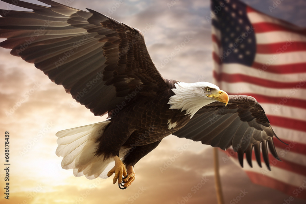 Wavy American flag with an eagle symbolizing strength and freedom . 4th of July Memorial or Independence day background. Generative AI Wavy American flag with an eagle symbolizing strength and freedom . 4th of July Memorial or Independence day background. Generative AI