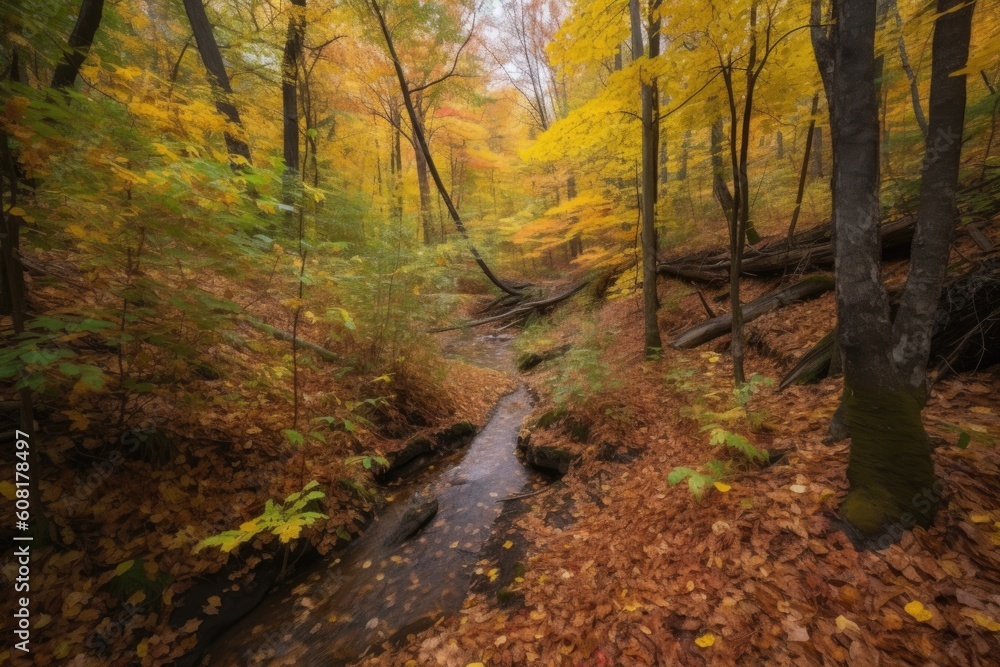 autumn forest hike with vibrant foliage and a trickling stream, created with generative ai
