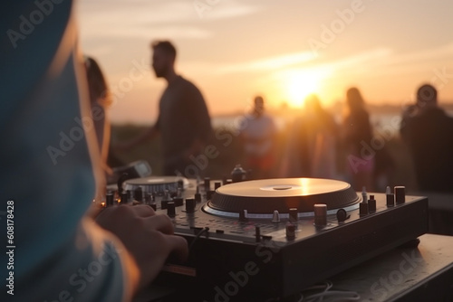 Dj mixing outdoor at beach party festival with crowd of people at sunset. Generative ai photo