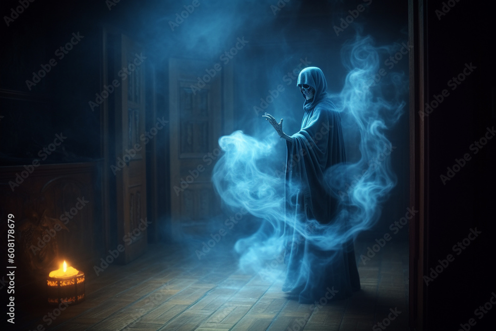 Naklejka premium Grim reaper in haunted, creepy house. Generative ai