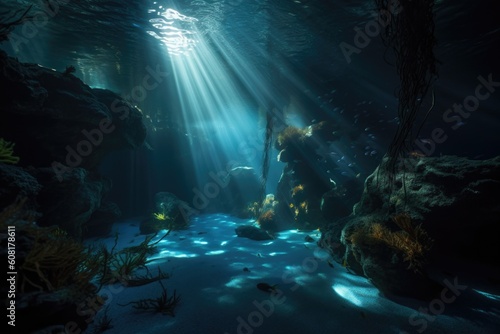 underwater cave with shimmering light, created by bioluminiscent organisms, created with generative ai