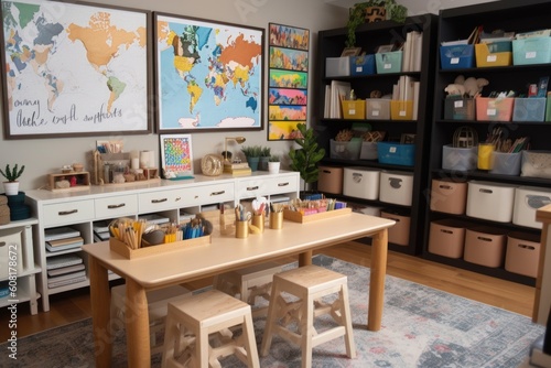 creative and playful homeschooling classroom with art supplies, books, and games, created with generative ai