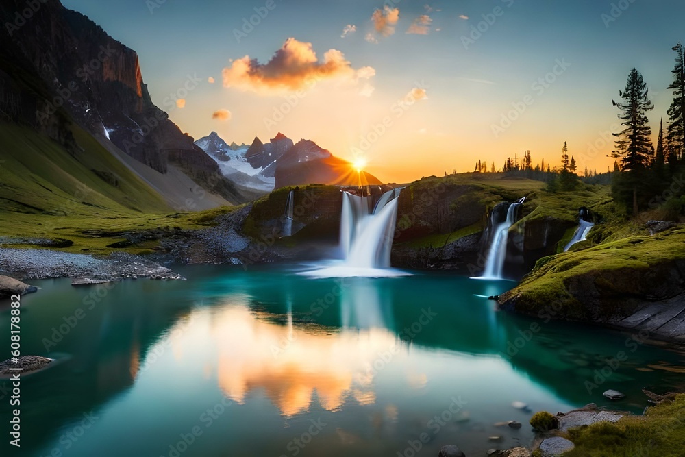 Fototapeta premium A remote wilderness with a stunning waterfall plunging into a deep, clear pool - Generative AI Technology