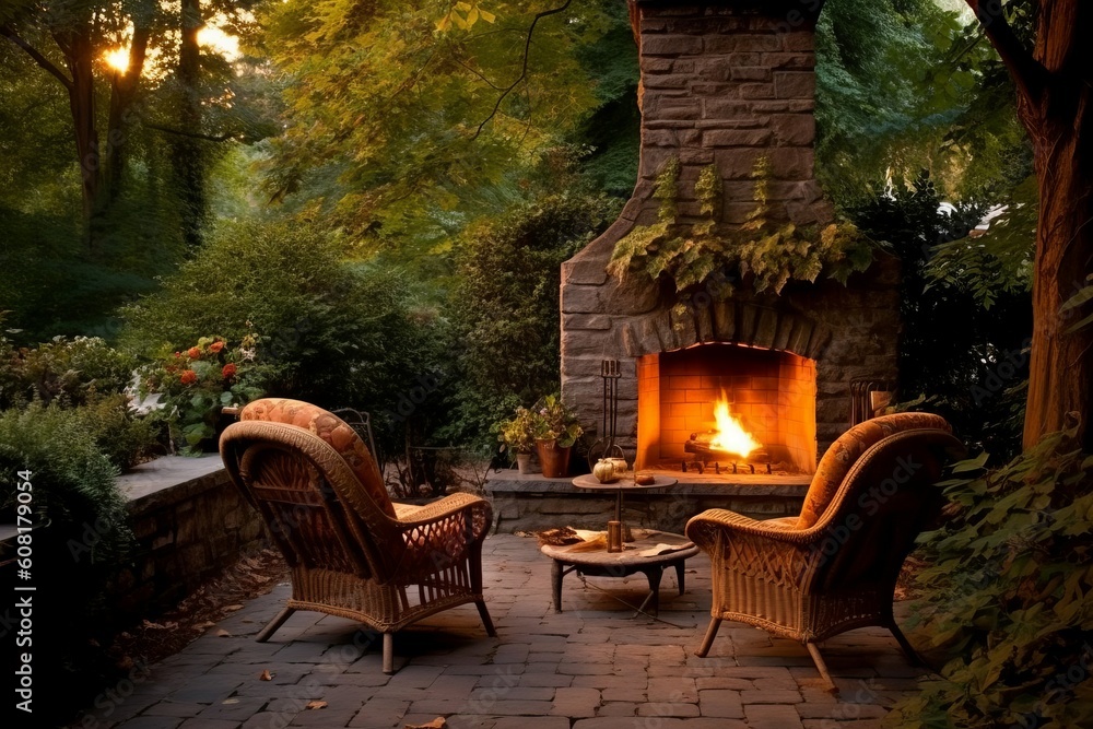 Backyard fireplace chairs terrace. Generate Ai