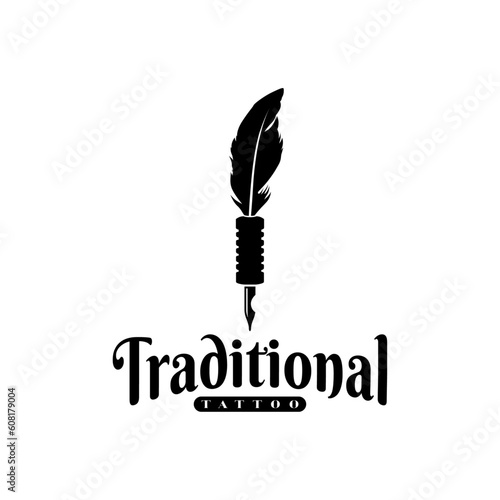 Tattoo Machine With quill Feather, For Ancient Traditional Tattoo Studio Logo