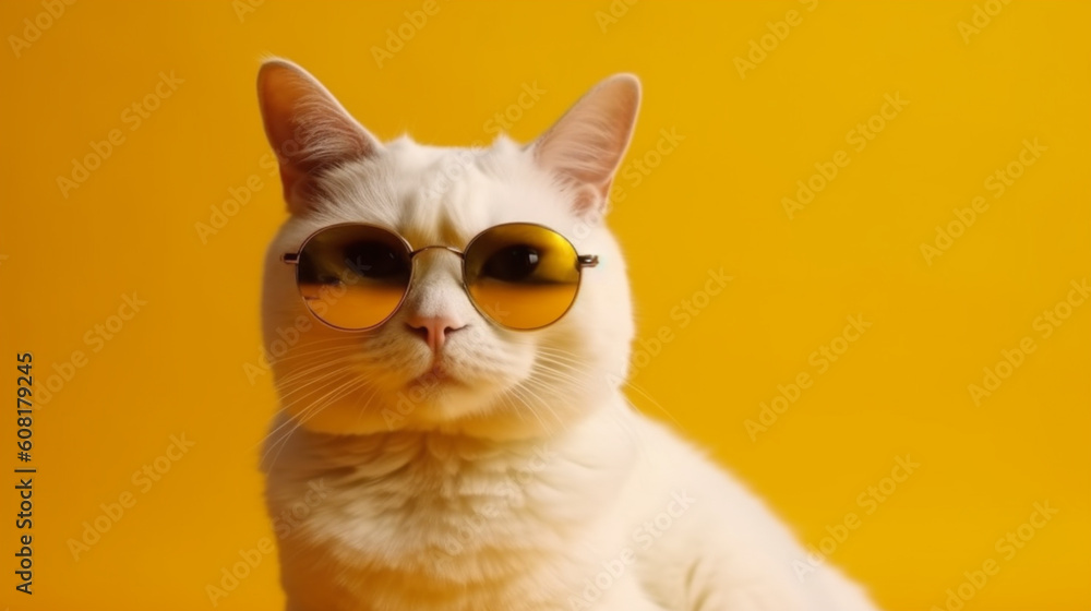 White cat are wear sunglass and shirt sits on the yellow background. AI Generative