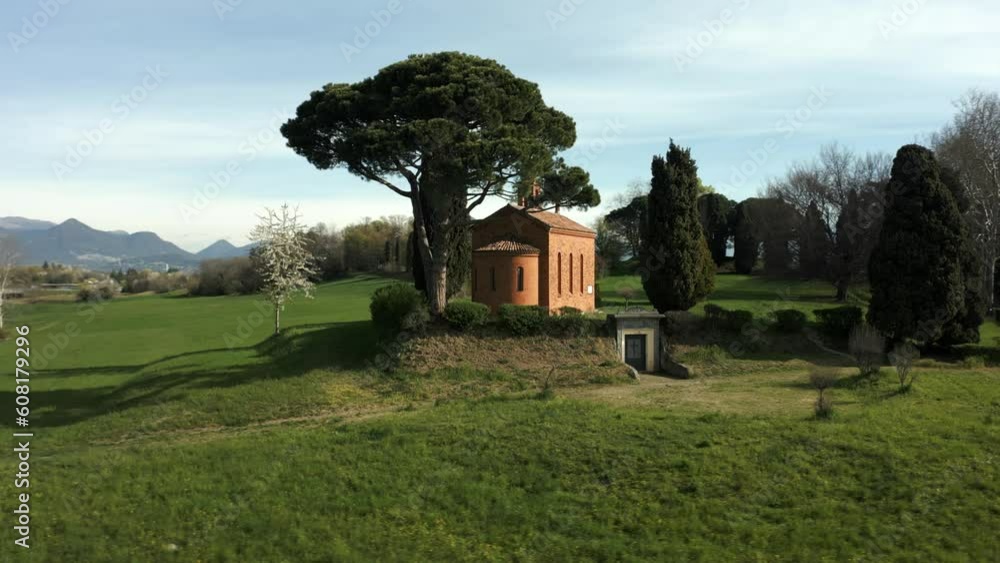 Aerial Circle Dolly Around Red Church of Pomelasca At Inverigo Aerial Circle Dolly Around Red Church of Pomelasca At Inverigo