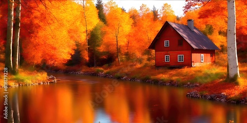 Fabulous forest landscape in autumn colors with a house by the river.