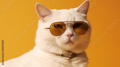 White cat are wear sunglass and shirt sits on the yellow background. AI Generative