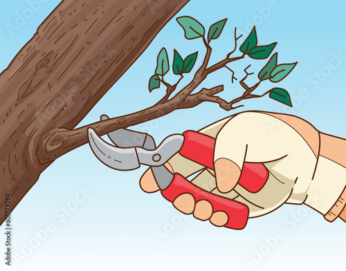 Plants pruning. The human hand in gardening glove trim the gardening plant. The human hand with gardening scissors. Vector illustration. 