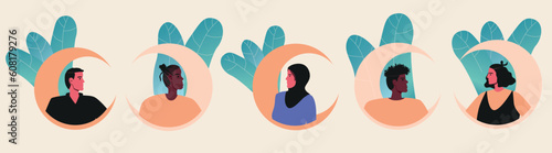 Diverse people with lax islam and crescent moon, flat vector stock illustration, set or collection