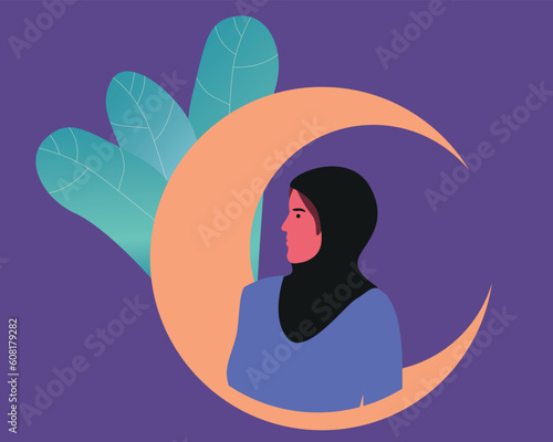 Islamic woman in hijab with Islamic crescent as a symbol of muslims, flat vector stock illustration