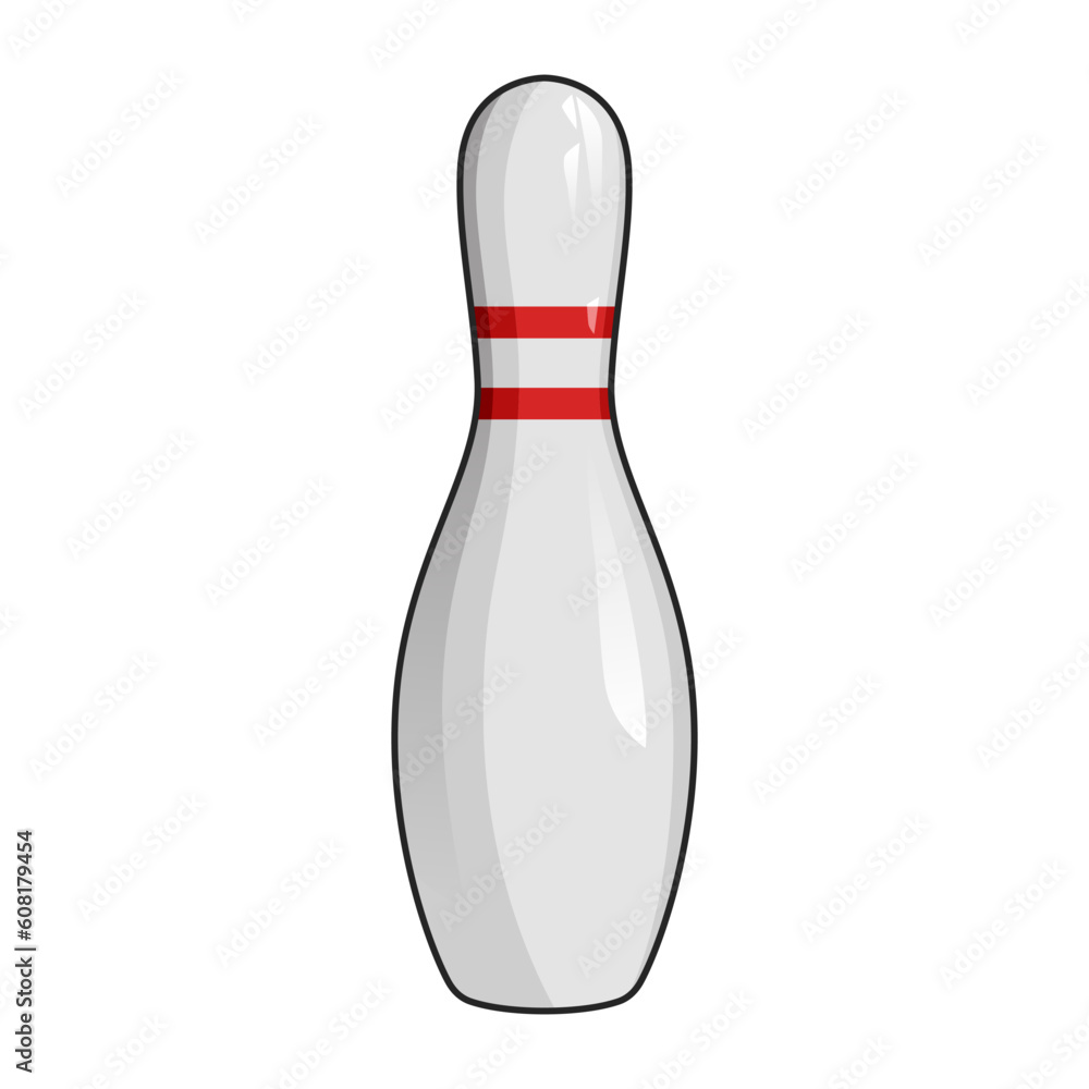 Single bowling pin with red stripes icon. Realistic illustration of bowling. Vector illustration Single bowling pin with red stripes icon. Realistic illustration of bowling. Vector illustration