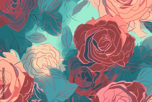 Abstract rose pattern in shades of rose and turquoise  Generative ai