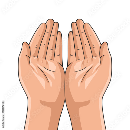 Two hands side by side. Hands in position, palms up, hold something, two hands are praying, pray to God, isolated on white background, vector illustration