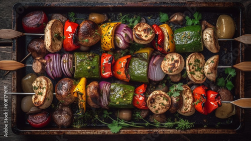 Grilled vegetable and meat skewers in a herb marinade on a grill pan. Generative AI