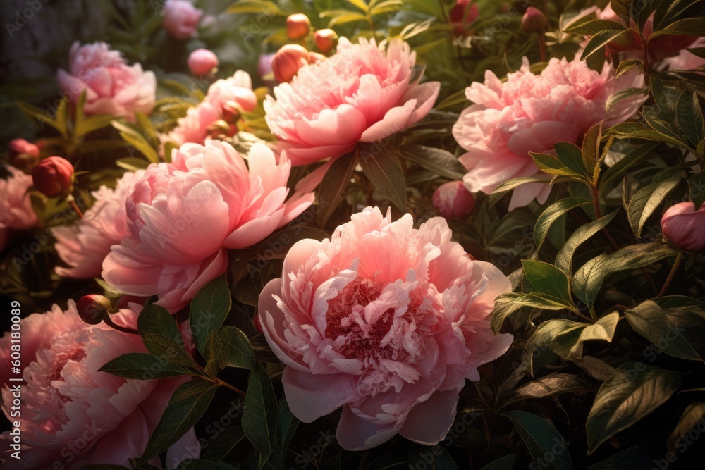Peonies in a garden pink and white. Generative AI