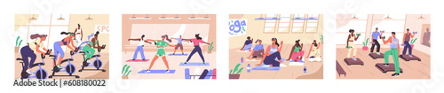 Group workout classes set. People exercising, training together in sport club. Fitness, aerobics, yoga, bicycle treadmill, physical activities with wellness trainers. Flat vector illustrations