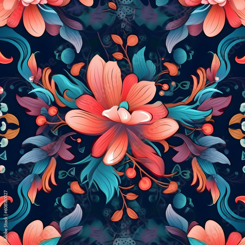 Pattern with flowers and vibrant colors illuminated by intelligent AI