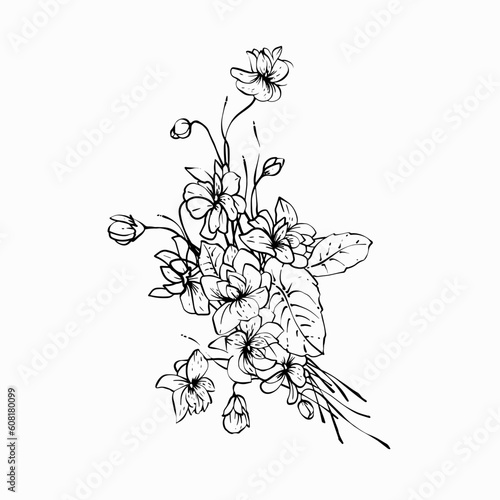 Bouquet of wild violets hand drawn line art retro stile minimalistic