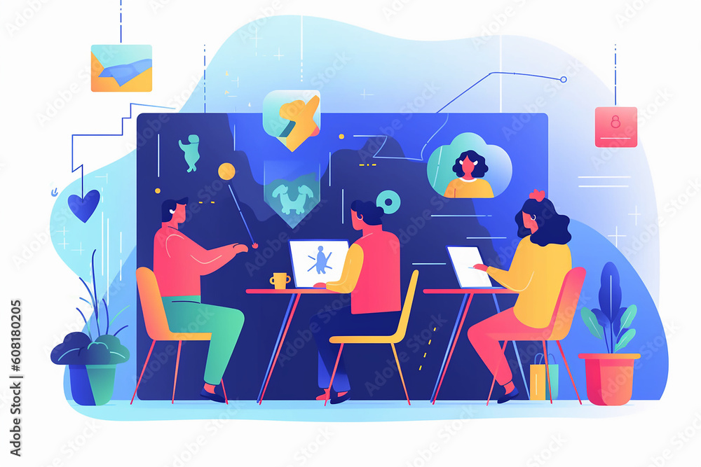 People discussing work in group cartoon style blue color Genertative AI People discussing work in group cartoon style blue color Genertative AI