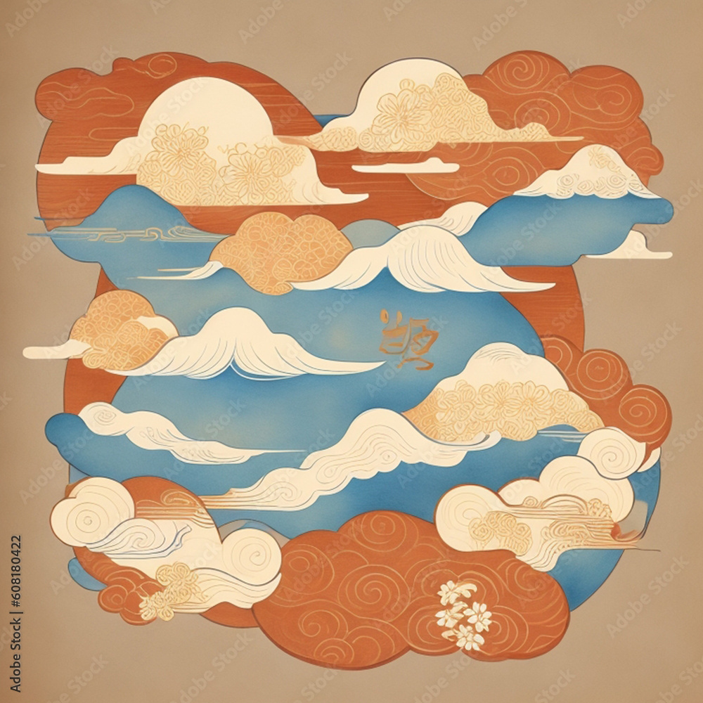 Hand-Drawn Clouds and Japanese Floral Patterns, Oriental Patterns,  Background Art 4. Generative AI