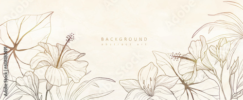 Botanical line bakground with flowers and leaves. Floral foliage for wedding invitation, wall art or card template. Vector illustration. Luxury rustic trendy art