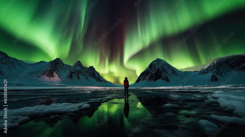 Aurora borealis northern lights over snowy mountains in Iceland. Generative AI.