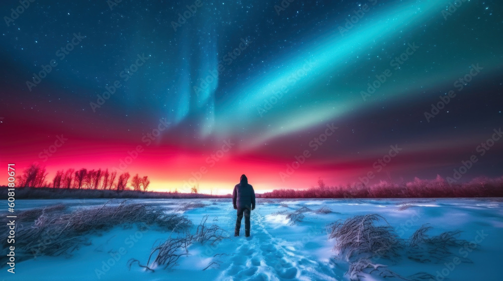 Man looking at aurora borealis in winter landscape. Northern lights. Generative AI.