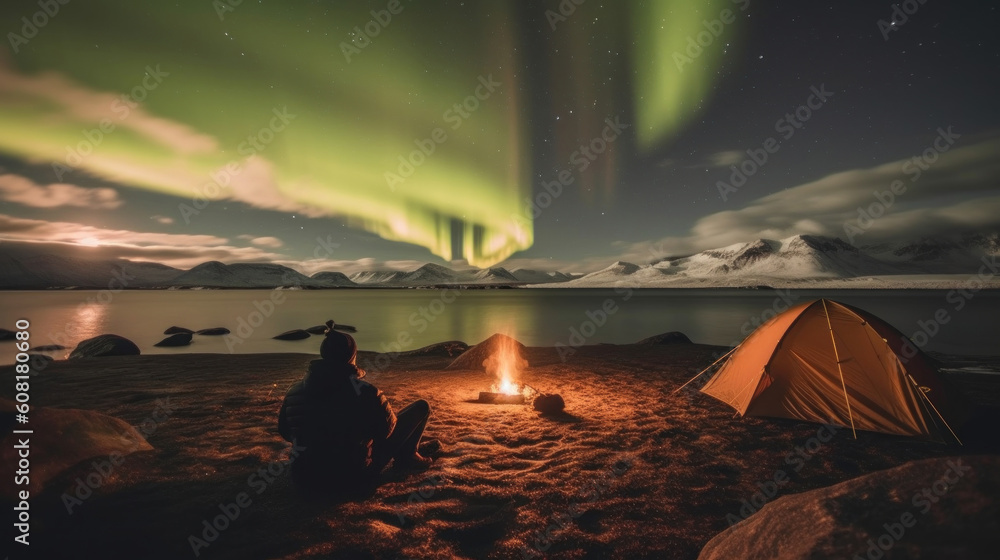 Man sitting near campfire and tent under aurora borealis. Generative AI.