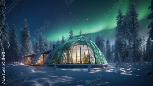 Green cabin house in the forest with aurora borealis. Generative AI.