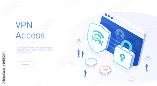 Vpn service concept. Secure internet surfing software for virtual protection network. Safe online access with your browser. Isometric vector illustration.