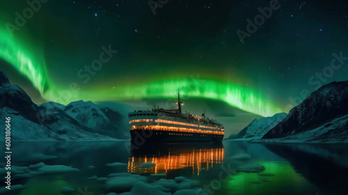 Aurora borealis over fjord landscape with cruise ship. Generative AI.