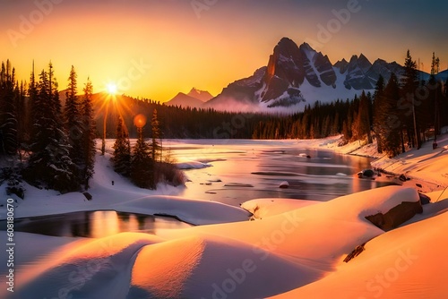 A wilderness at sunset, with warm hues painting the sky and casting a golden glow over the untouched wilderness