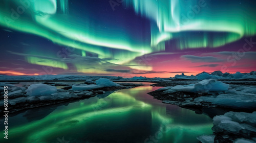 Aurora borealis over Jokulsarlon, Iceland. Generative AI.
