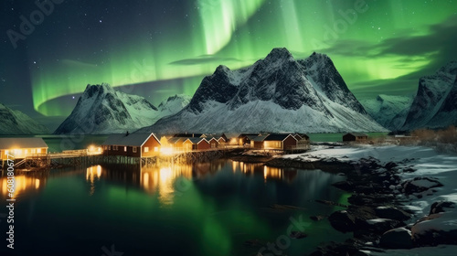 Northern lights over Lofoten islands  Norway  Europe. Generative AI.